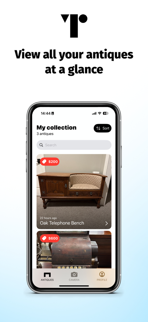 Antique Identifier by Trove - Pantalla de aplicación móvil que muestra una colección de antigüedades identificadas con valores de mercado estimados.