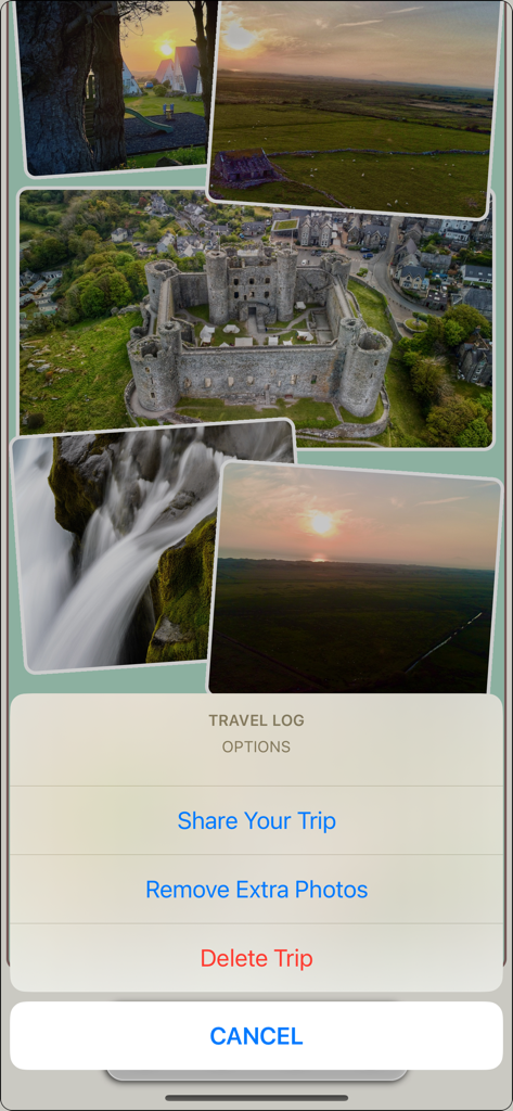 Travel Log App - Un collage de photos de voyage avec un menu d'options de voyage proposant des boutons de partage et de suppression.