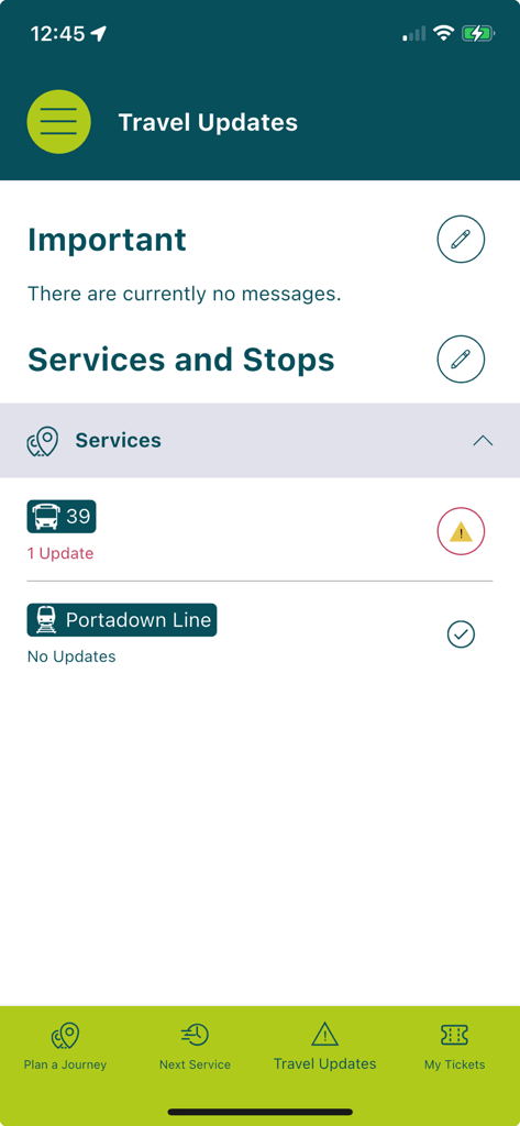 La pantalla de Actualizaciones de Viaje en la aplicación Translink Planner muestra alertas de servicio de autobús y tren