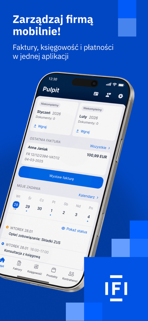 Un smartphone affichant le tableau de bord de l'application IFIRMA avec des fonctions de gestion de facturation, un calendrier des tâches et des téléchargements de documents comptables.