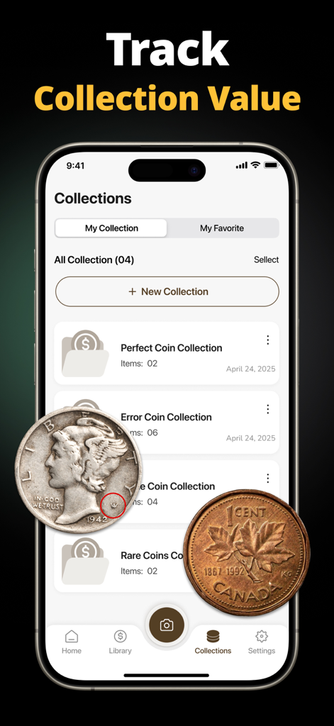 Coin Scanner Value Identifier - Interfaz de aplicación móvil que muestra colecciones de monedas organizadas, incluyendo monedas con errores y monedas raras para el seguimiento de valor