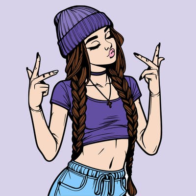 realistic teenage girl with braids and a beanie and crop top doing 🫶🏼