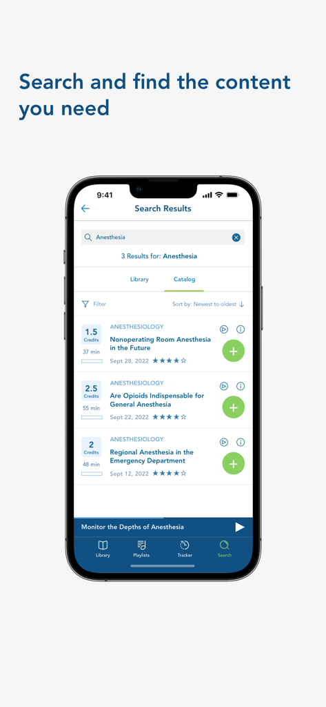 AudioDigest - AudioDigest mobile app showing search results for anesthesiology courses with credit hours and session duration