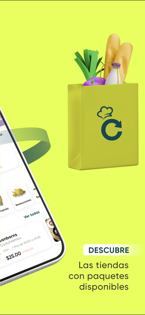 Cheaf: Salva comida y ahorra - 食料品バッグと食べ物と一緒にCheafアプリのインターフェースを示すスマートフォン