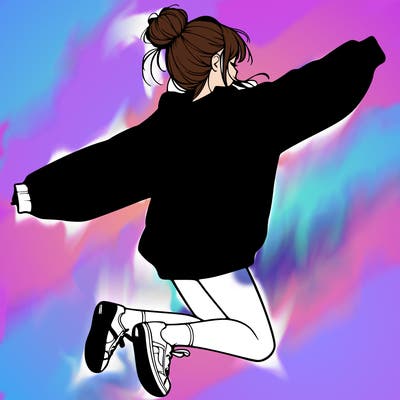 realistic girl jumping with a bun and oversized sweatshirt