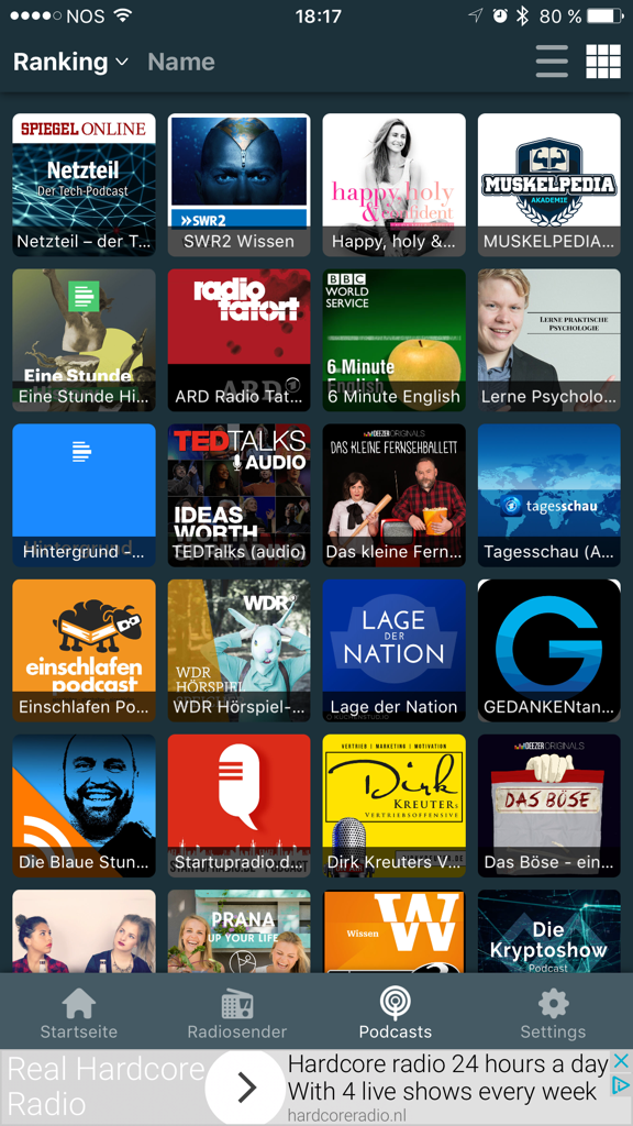 Una cuadrícula que muestra varios podcasts alemanes en la aplicación Radio Alemania Online.