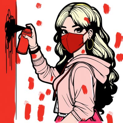realistic girl with mask spray painting a wall