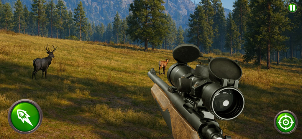 Ego-Perspektive eines Jägers, der mit einem Scharfschützengewehr auf einen Hirsch auf einer Waldwiese zielt.