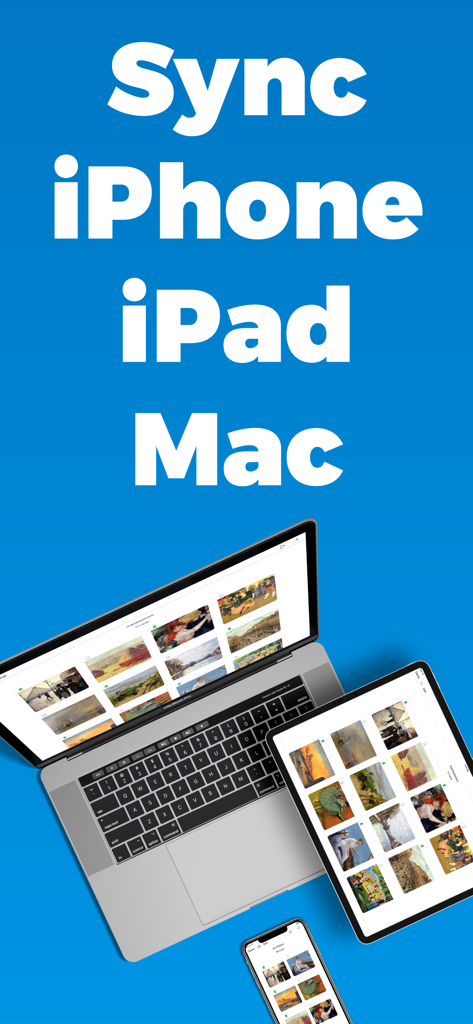 Flash Cards GO - Flashcards - Un MacBook, iPad y iPhone mostrando mazos de tarjetas de memoria sincronizados con imágenes artísticas sobre un fondo azul.