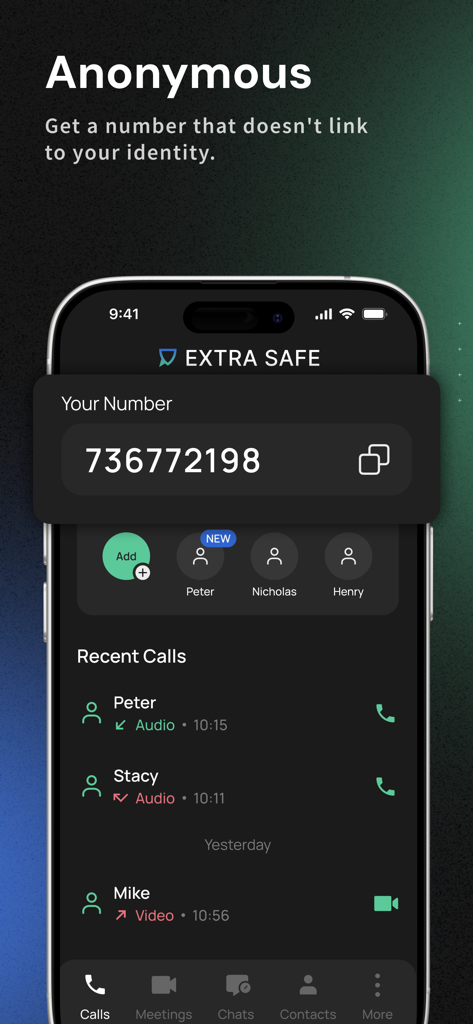 Interface do aplicativo Extra Safe mostrando um número de usuário anônimo e histórico recente de chamadas criptografadas