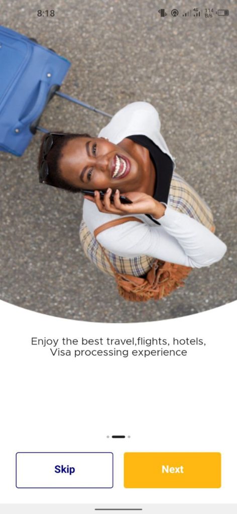 Travelbeta - A woman with a blue suitcase on the Travelbeta app onboarding screen mentioning travel flights and hotel services