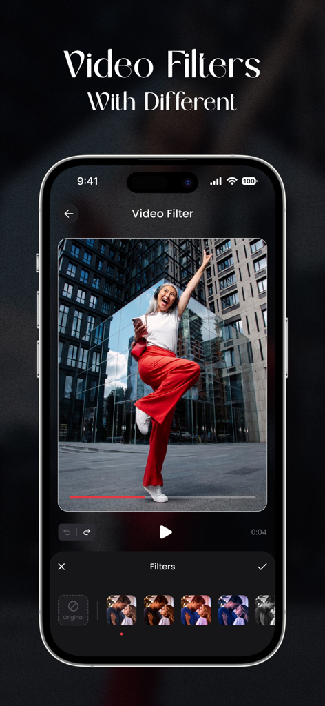 Stop Motion Video Maker Studio - Smartphone-Bildschirm, der die Videofilter-Funktion in der Stop Motion Video Maker Studio App mit einer Vorschau einer tanzenden Frau zeigt.