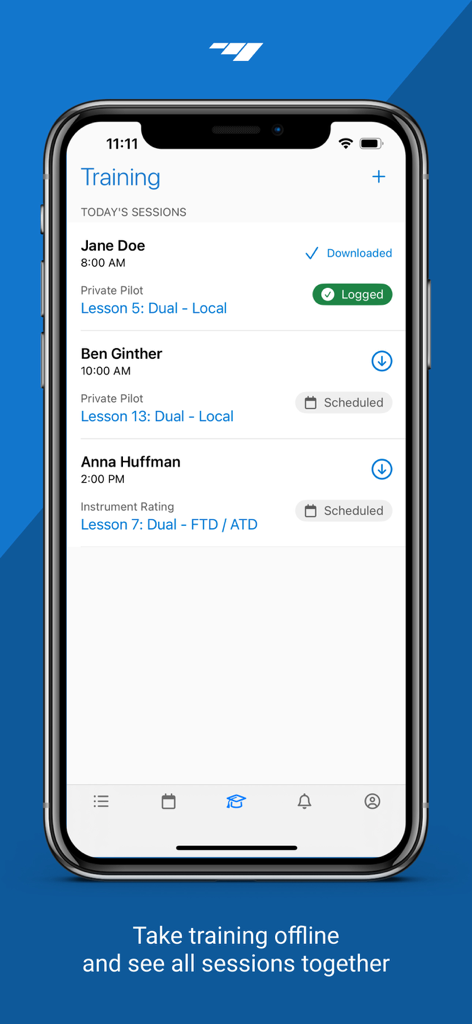 Una interfaz móvil para Flight Schedule Pro que muestra una lista de sesiones de entrenamiento diarias para pilotos y lecciones de vuelo programadas