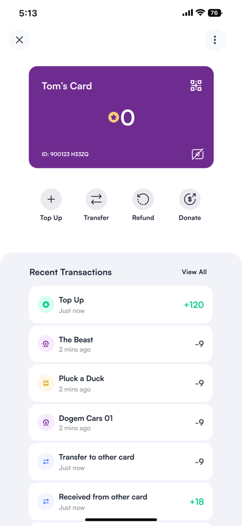 EK Fernandez - EK Fernandez Fun Pass app showing digital ride credit card and recent transaction history