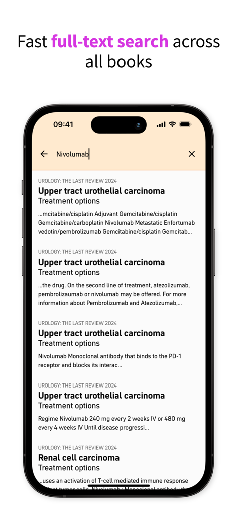Knowuro reader - Knowuro reader app interface showing full-text search results for urological medical terms and treatments.