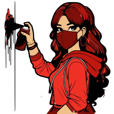 realistic girl with mask spray painting a wall