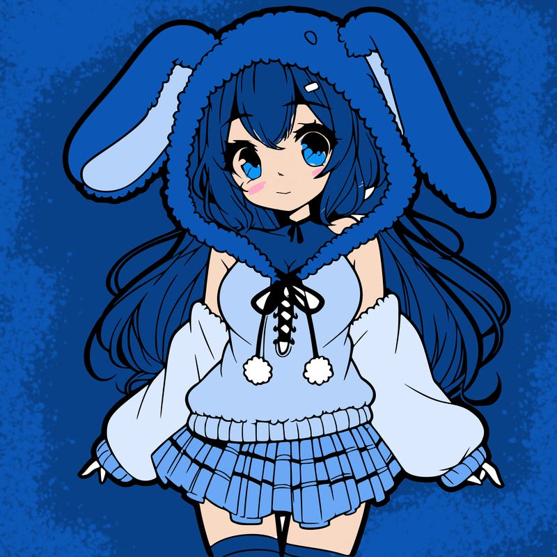 pretty anime girl wearing a fluffy hoodie with bunny ears on the hood and a skirt