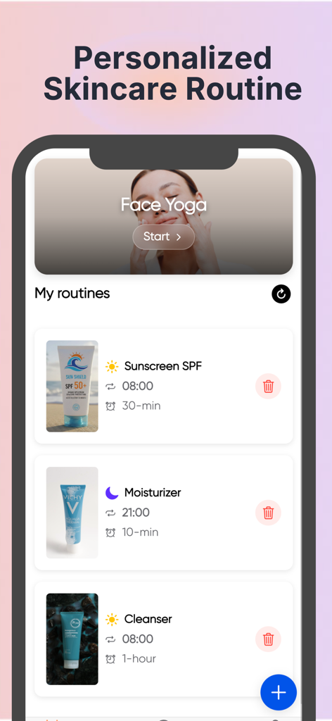 SkinBot AI Skin Care - Screen showing personalized skincare routines including face yoga and daily product tracking in the SkinBot AI app