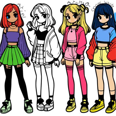 one girl with crop-top shirt and a jacket with a skirt, long socks and another girl with a shirt and pants with a jacket