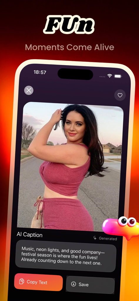 Interface of the Olia app displaying an AI-generated social media caption for a woman's portrait photo.