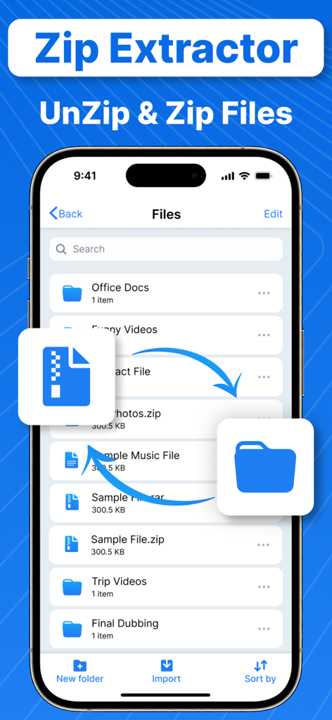 Zip & RAR Extractor - Unzip 7z - iPhone interface of Zip and RAR Extractor app for unzipping and managing files