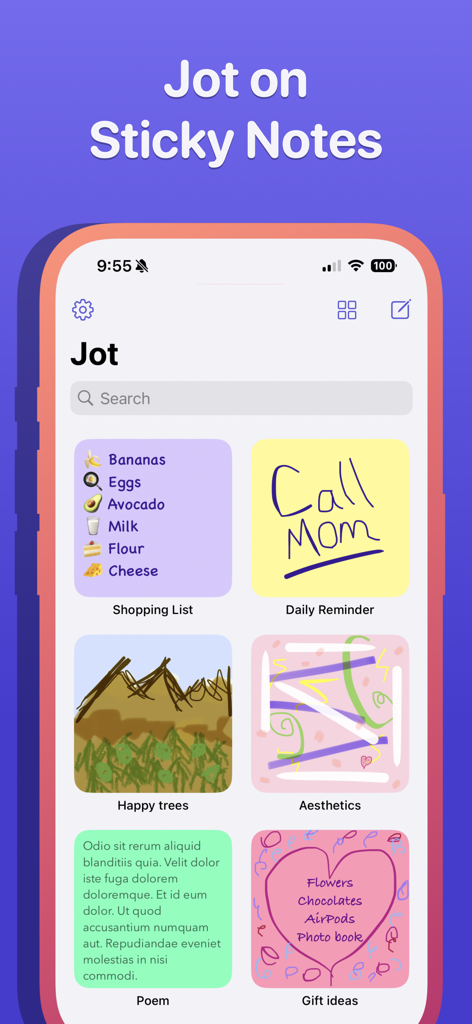 Una griglia di note adesive digitali colorate nell'app Jot che mostra una lista della spesa, promemoria scritti a mano e disegni creativi.