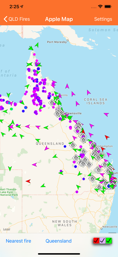 QLD Fires - Map interface showing real time fire locations and wind data in Queensland Australia