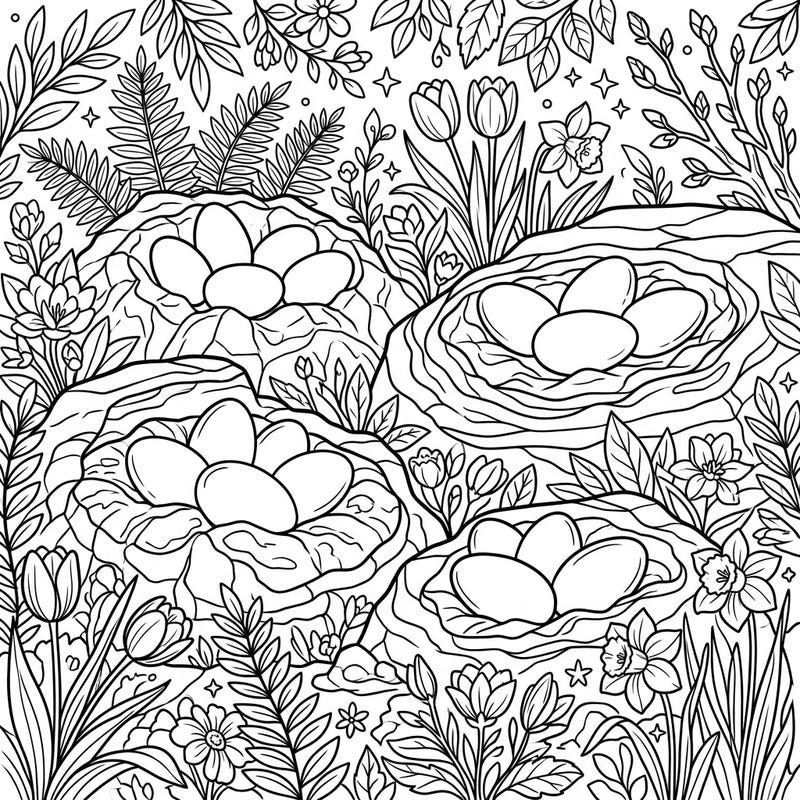 Dive into a captivating prehistoric scene where ancient dinosaur egg nests are cradled within a vibrant spring landscape. This unique coloring page blends paleontological wonder with the refreshing beauty of blooming flowers and lush foliage, perfect for an engaging artistic escape.