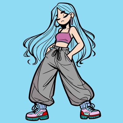 girl in baggy pants crop top and long hair