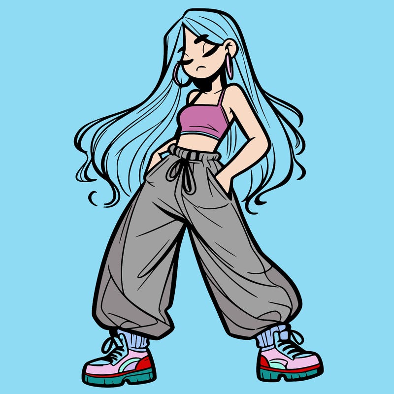 girl in baggy pants crop top and long hair
