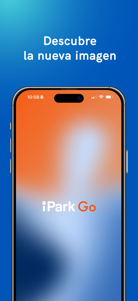iPark Estacionamientos - iPhone screen displaying the iPark Go app splash screen with the text Descubre la nueva imagen