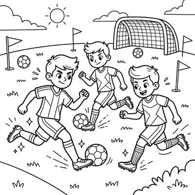 Get ready to kick off some creative fun with this thrilling coloring page featuring three young soccer players in full action. Designed especially for kids, it's perfect for little sports enthusiasts eager to bring their favorite game to life with colors.