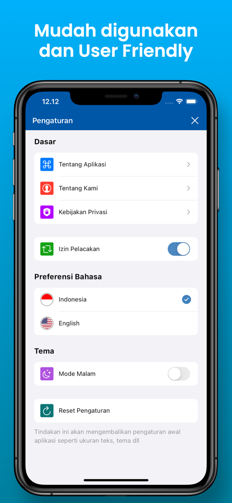 Ratib Al Attas - Menu delle impostazioni dell'app Ratib Al Attas che mostra la selezione della lingua e le opzioni della modalità notturna