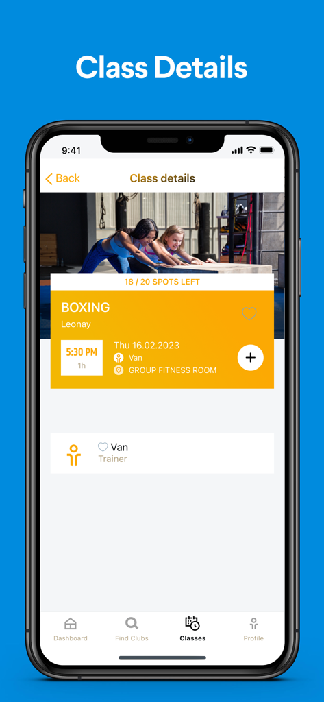 ボクシングセッション予約のためのNDHCアプリのクラス詳細画面。