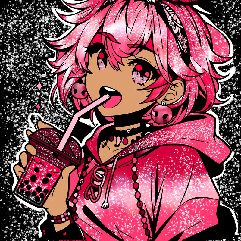hot baddie anime girl drinking boba and biting the straw
