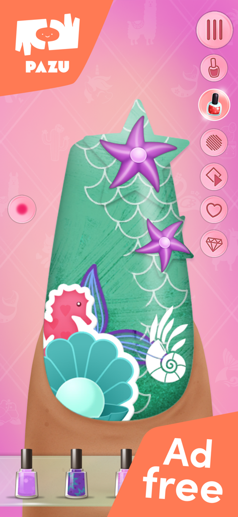 Nail Salon Games for Girls - Un diseño de uñas con temática de sirena con pegatinas de mar, gemas y escamas en una aplicación de salón de uñas digital