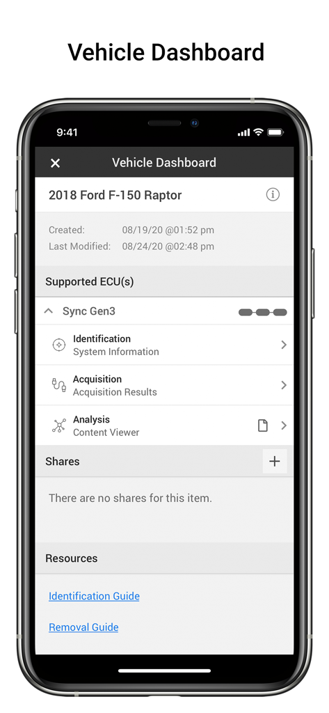 iVe-Mobile - iVe Mobile vehicle dashboard showing forensic acquisition and analysis options for a 2018 Ford F-150 Raptor