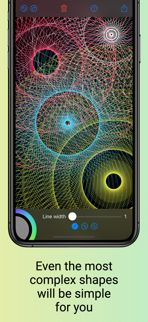 Simetria - A screenshot of the Simetria app displaying an intricate colorful mandala design with multiple symmetry points and a line width adjustment slider.