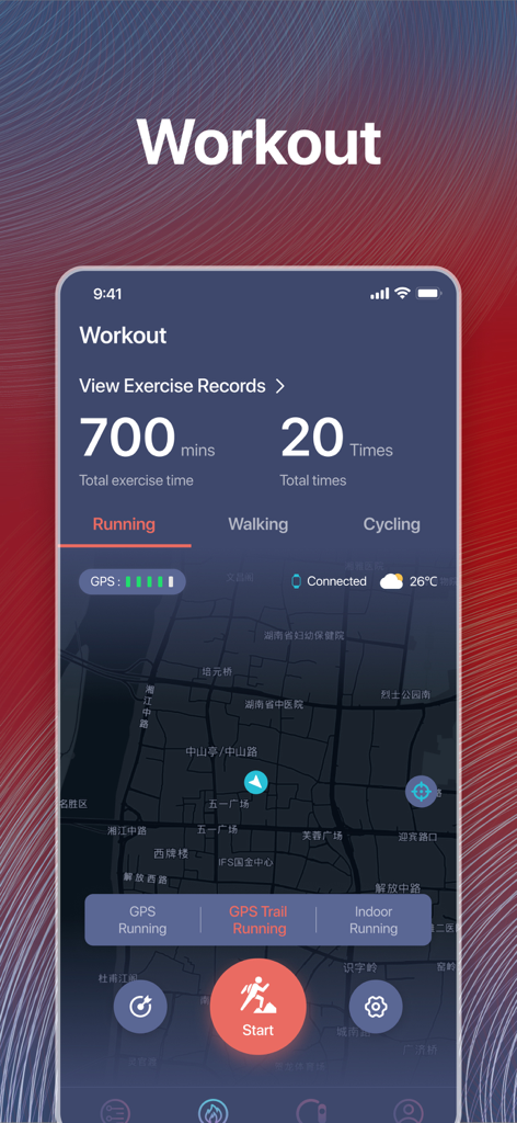 Promate XWatch - Workout tracking screen on the Promate XWatch app with exercise stats and GPS map