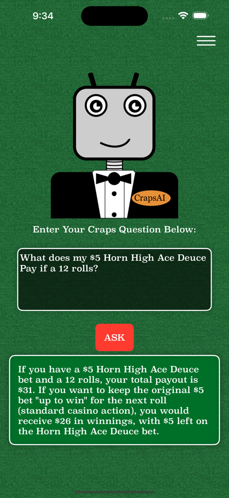 A screenshot of the Craps AI app showing a robot dealer answering a question about a complex horn high ace deuce bet payout on a green felt background.