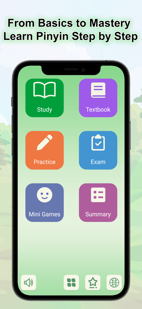 Pinyin Academy-Fun with Pinyin - Main menu of the Pinyin Academy app showing buttons for study, textbook, practice, exam, mini games, and summary.