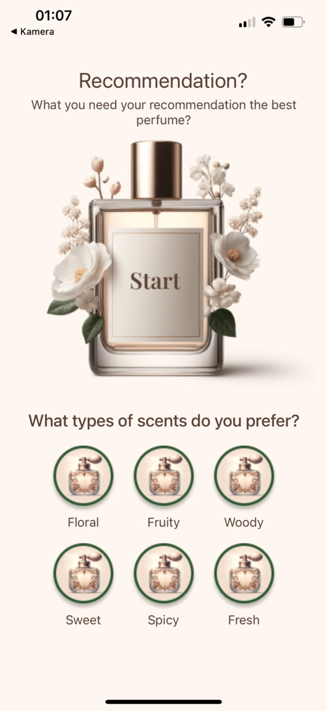 Your Perfume - The scent preference quiz screen in the Your Perfume app showing various fragrance categories like floral and woody