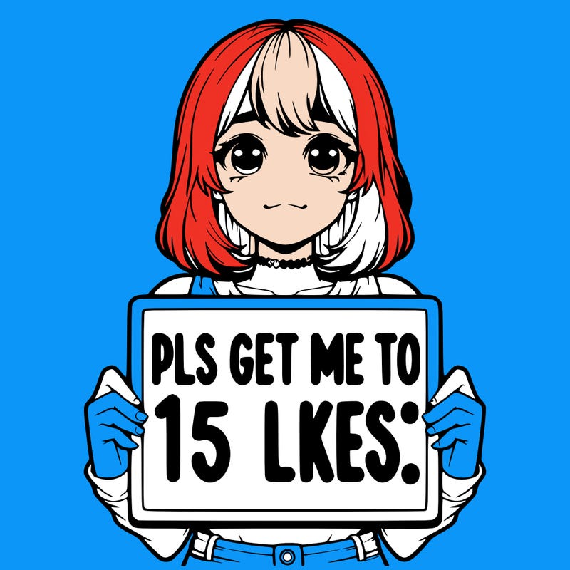 realistic girl holding up a sign that says “pls get me to 15 likes!”