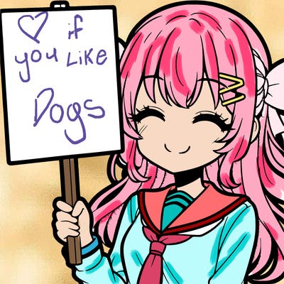 a cute anime girl holding a sign smiling with her eyes closed