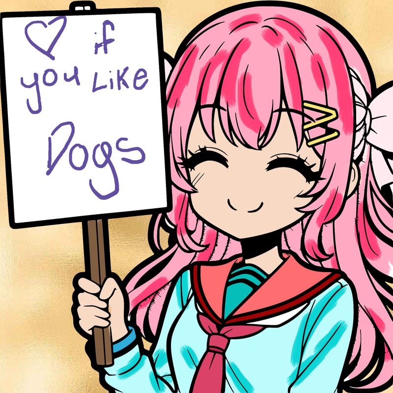 a cute anime girl holding a sign smiling with her eyes closed