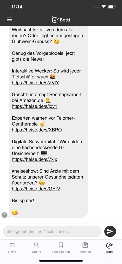 heise online | IT-News - Interfaz de la aplicación Heise online que muestra el chatbot Botti con titulares y enlaces de noticias de TI actuales.