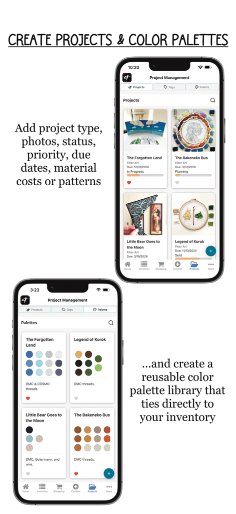 Threadster - Interfaz de la aplicación móvil que muestra el seguimiento de proyectos de artes de fibra y la biblioteca de paletas de colores personalizadas.