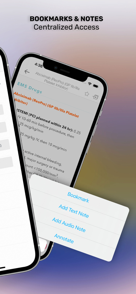 EMS Notes app screen showing bookmarks and notes menu for EMTs and paramedics