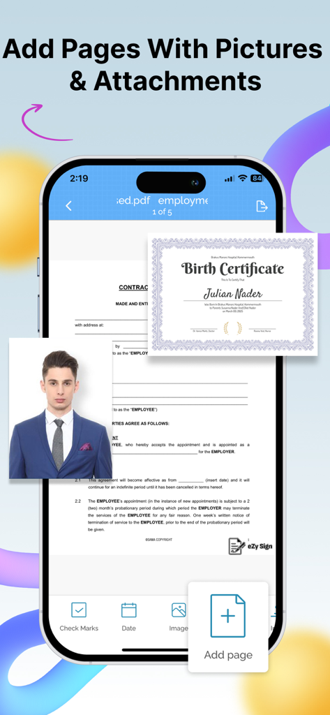 eZy Sign,Scan & Fill Documents - Interface para adicionar imagens e anexos a documentos digitais em um telefone celular