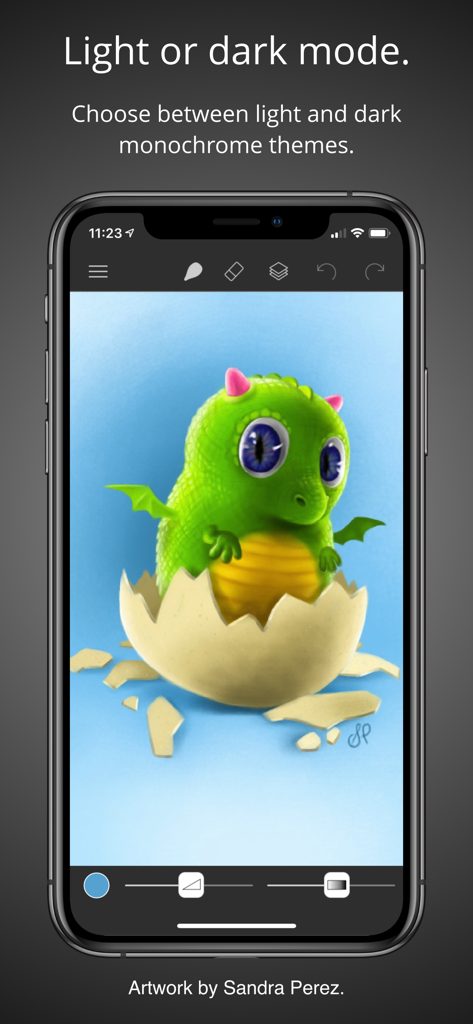 Brushes - Brushes 4 app interface in dark mode featuring a digital illustration of a green baby dragon hatching from an egg